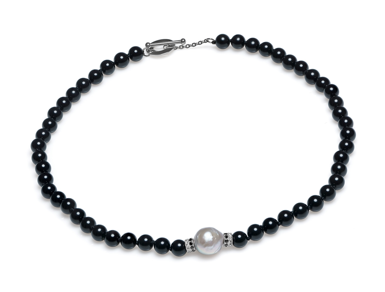YUNO - ДАМСКО КОЛИЕ 1 СИВА ПЕРЛА 14ММ, ОНИКС, 50СМ - 18640g