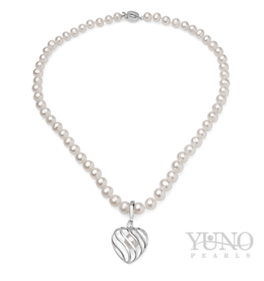 YUNO - ДАМСКО КОЛИЕ СЪС СВАЛЯЩА СЕ СРЕБЪРНА ВИСУЛКА, БЕЛИ ПЕРЛИ, 7-8ММ, 41СМ
